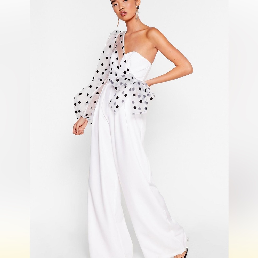 Polka Dot Organza One Shoulder Jumpsuit - White